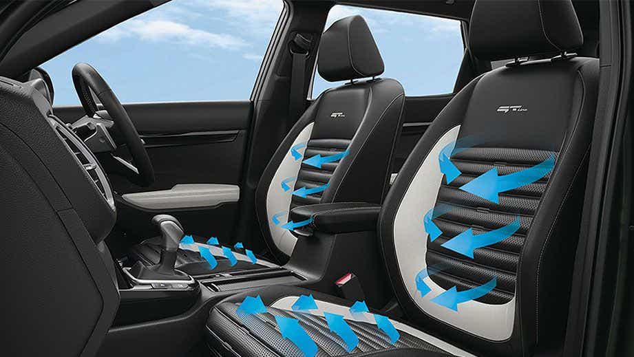 front interior seats and dashboard of a Kia Seltos