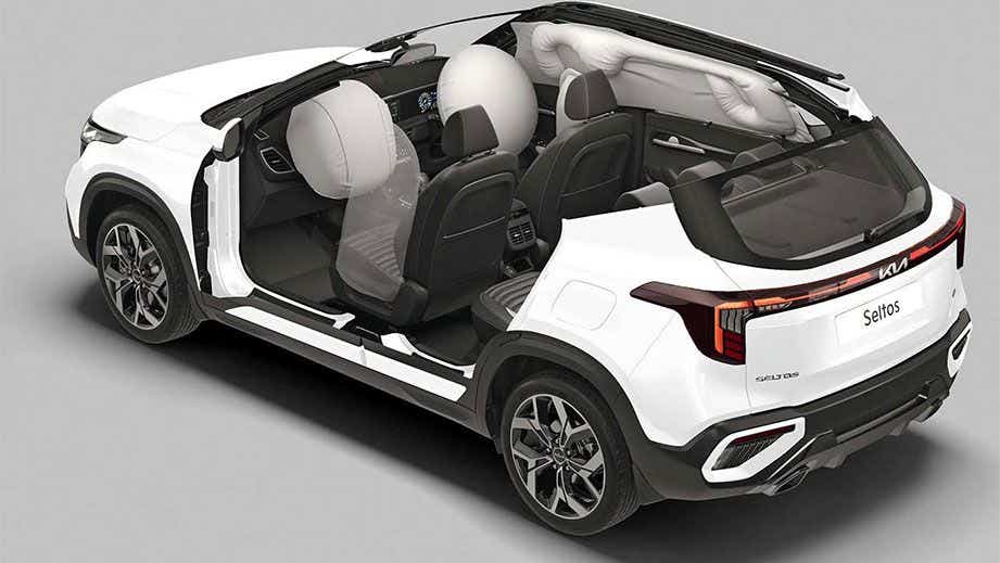 Rear three-quarter interior view of a Kia Seltos showcasing airbags