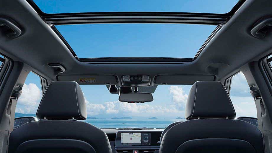 Panoramic sunroof interior view of a Kia Seltos