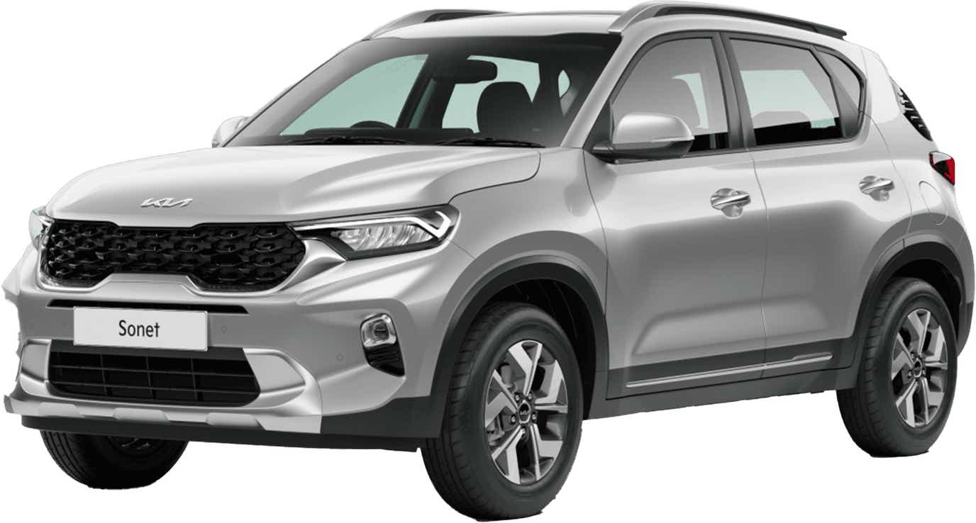 front three-quarter view of a Sparkling Silver Kia Sonet 2020-2023