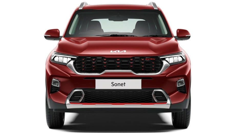 front view of a Intense Red Kia Sonet 2020-2023