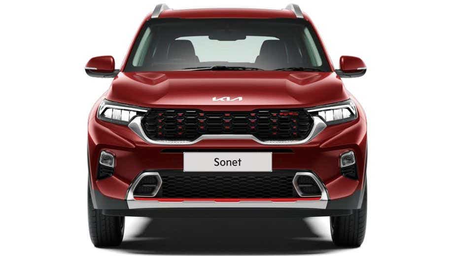 front view of a Intense Red Kia Sonet 2020-2023
