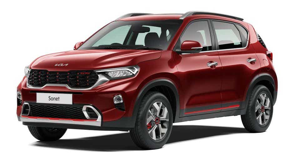 front three-quarter view of a Intense Red Kia Sonet 2020-2023