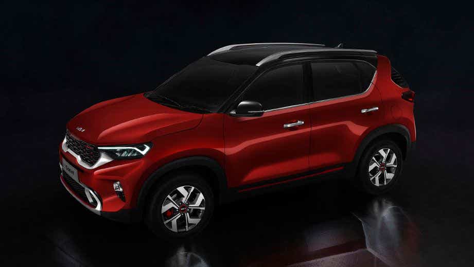 front three-quarter view of a Intense Red With Aurora Black Pearl Kia Sonet 2020-2023