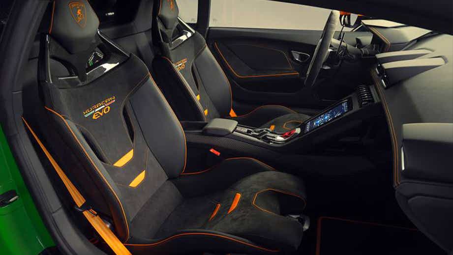 interior cabin view of a Lamborghini Huracan Evo