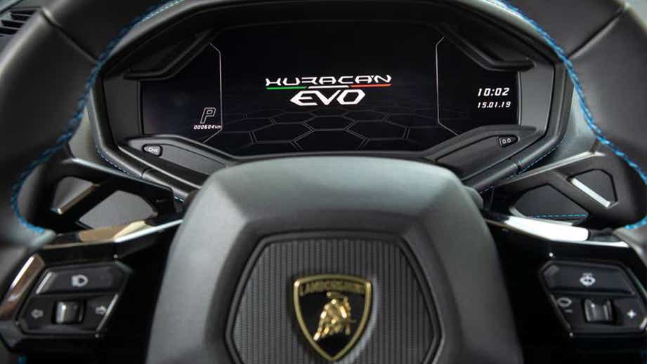 Instrument cluster view of a Lamborghini Huracan Evo