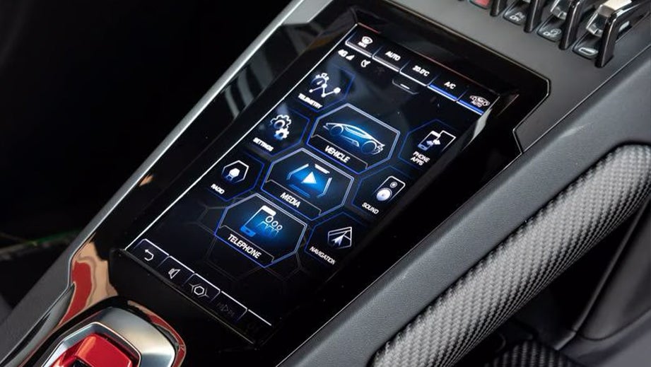 center console touchscreen of a Lamborghini Huracan Evo