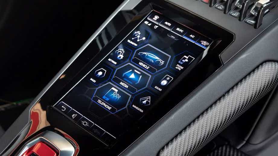 center console touchscreen of a Lamborghini Huracan Evo
