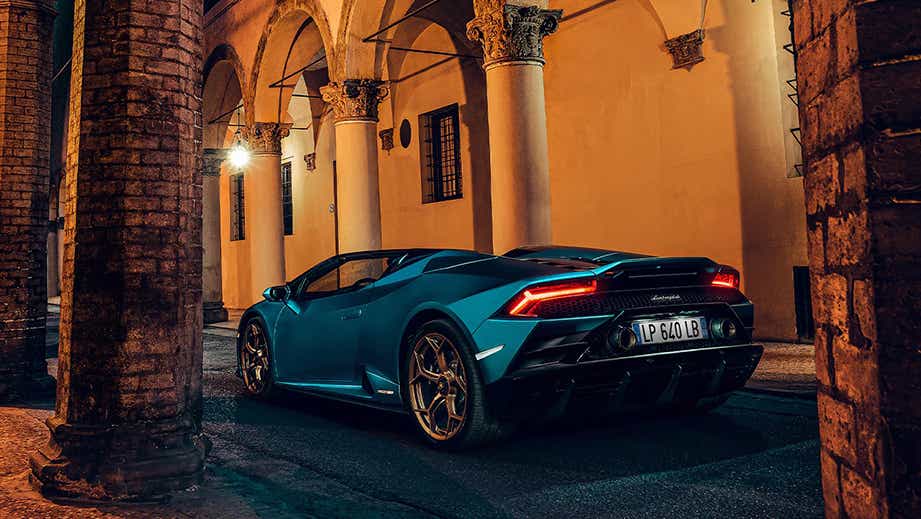 rear three-quarter of a Lamborghini Huracan Evo