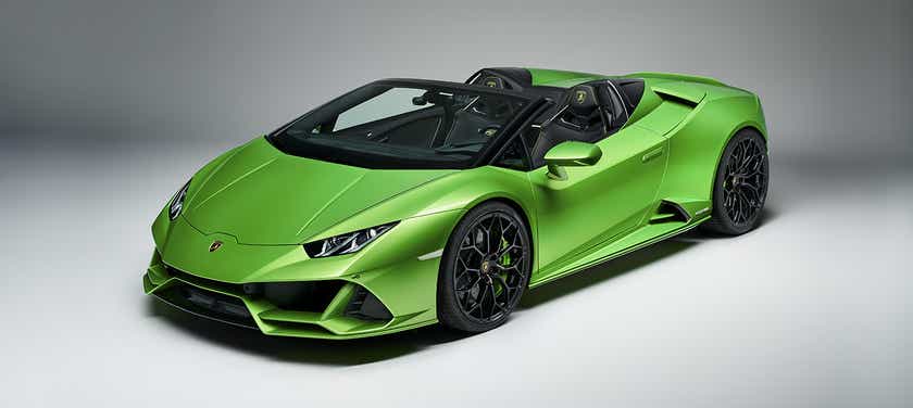front three-quarter view of a Lamborghini Huracan Evo convertible
