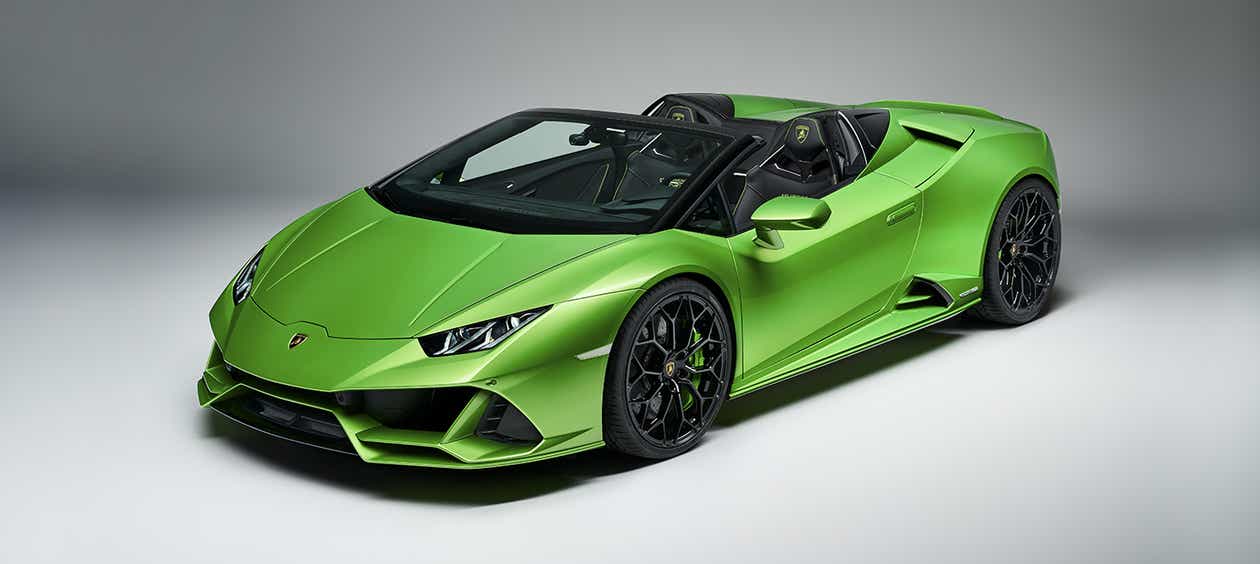 front three-quarter view of a Lamborghini Huracan Evo convertible