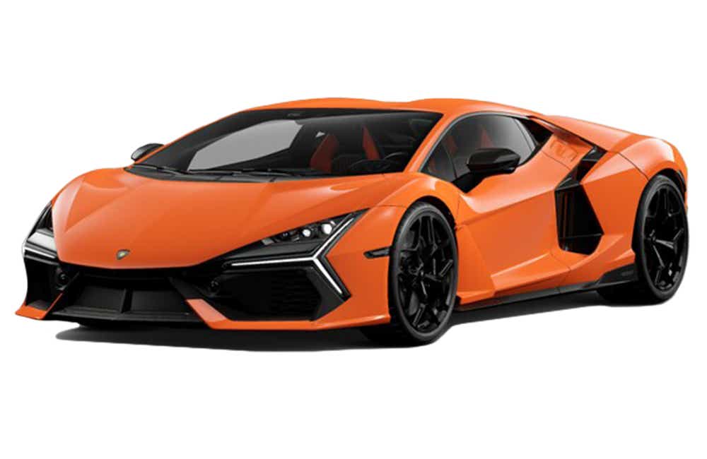 Front three-quarter view of a Arancio Apodis Lamborghini Revuelto