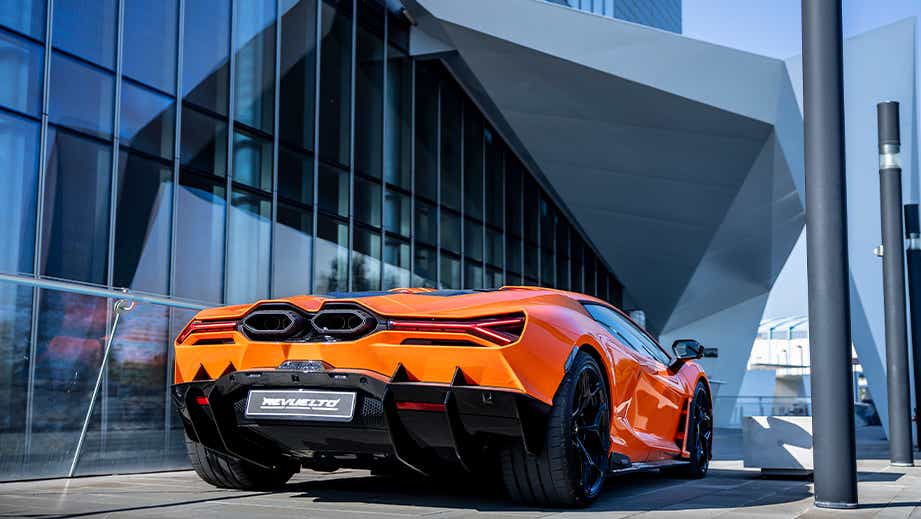 rear three-quarter of a Lamborghini Revuelto