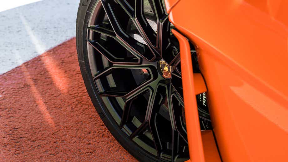 Close-up of wheel of a Lamborghini Revuelto