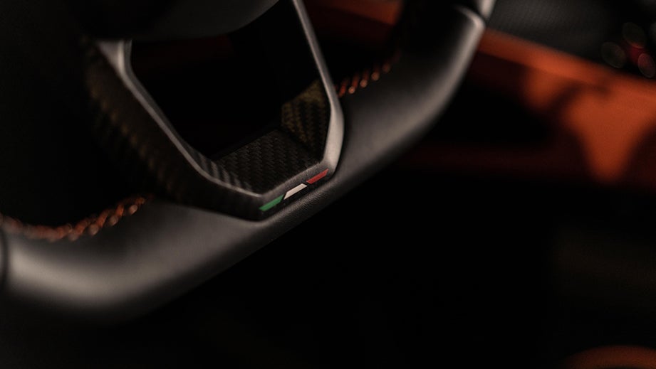 close-up of steering wheel of a Lamborghini Revuelto