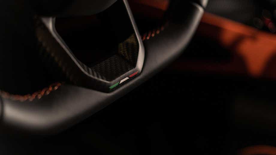 close-up of steering wheel of a Lamborghini Revuelto