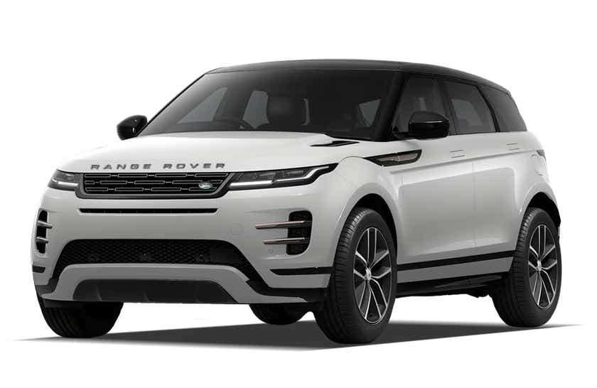 Front three-quarter view of a Fuji White Land Rover Range Rover Evoque 2018-2023