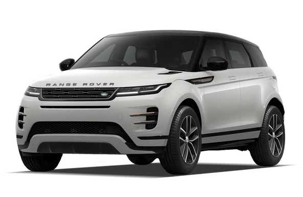 Front three-quarter view of a Fuji White Land Rover Range Rover Evoque 2018-2023