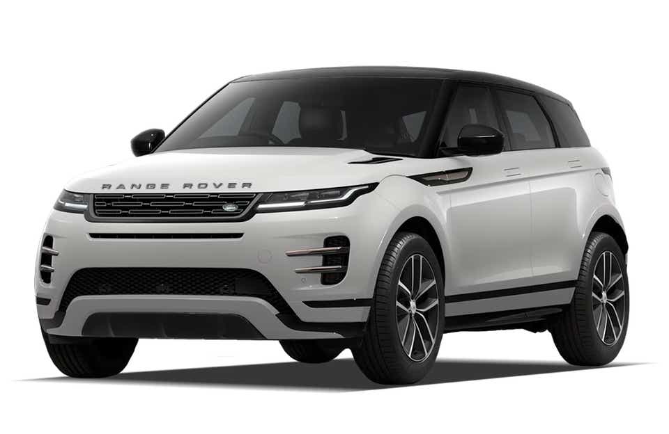 Front three-quarter view of a Fuji White Land Rover Range Rover Evoque 2018-2023