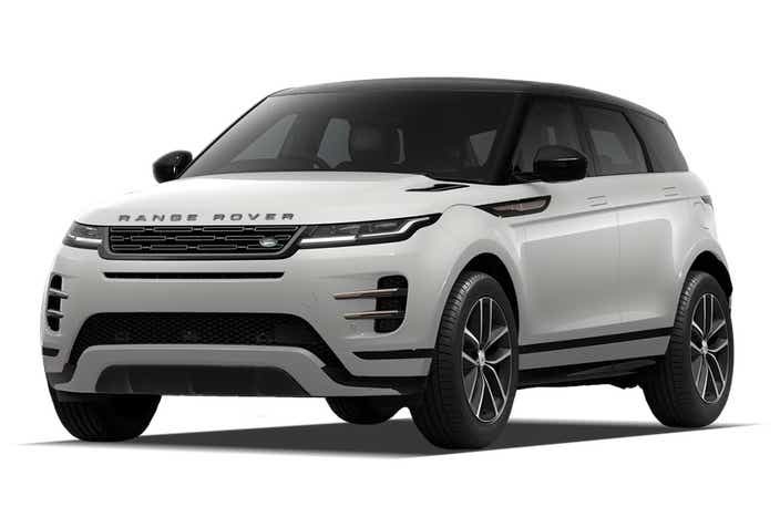 Front three-quarter view of a Fuji White Land Rover Range Rover Evoque 2018-2023