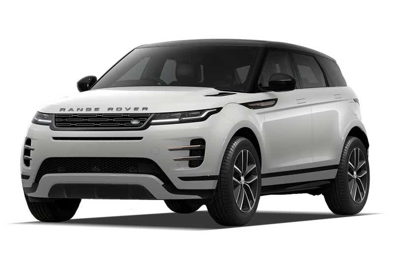 Front three-quarter view of a Fuji White Land Rover Range Rover Evoque 2018-2023