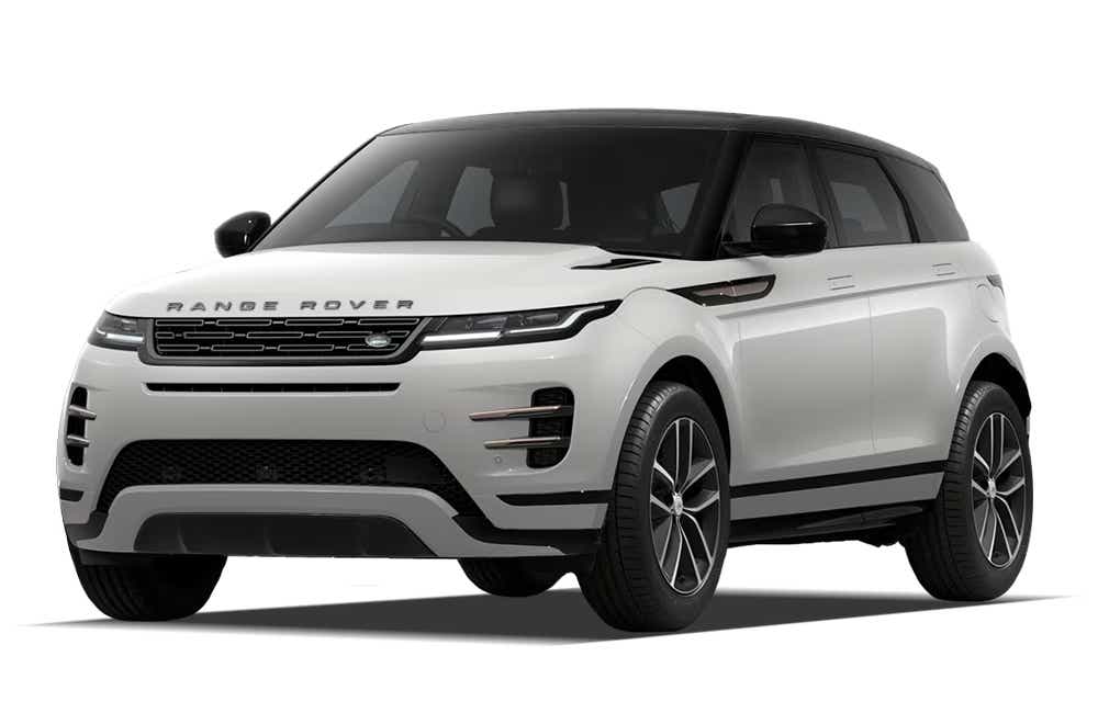 Front three-quarter view of a Fuji White Land Rover Range Rover Evoque 2018-2023