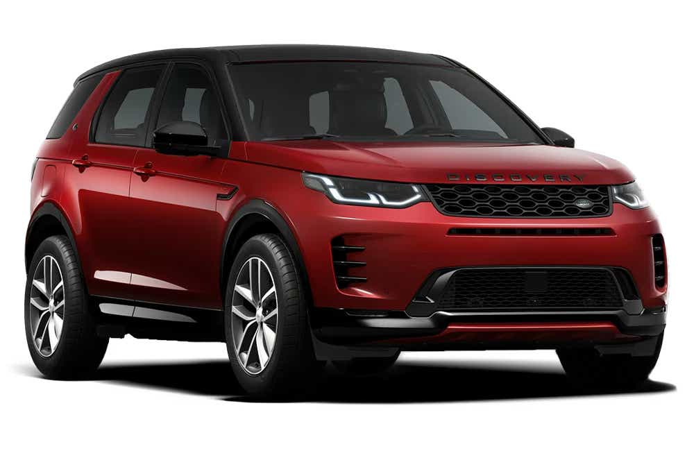 front three-quarter view of a Firenze Red Land Rover Discovery Sport