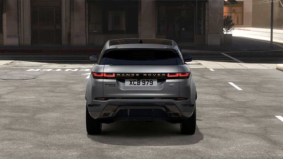 Rear view of a Fuji White Land Rover Range Rover Evoque 2018-2023