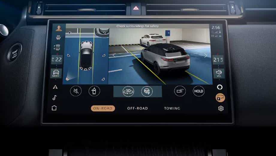 infotainment display showing rear camera and parking assist of a Land Rover Range Rover Velar