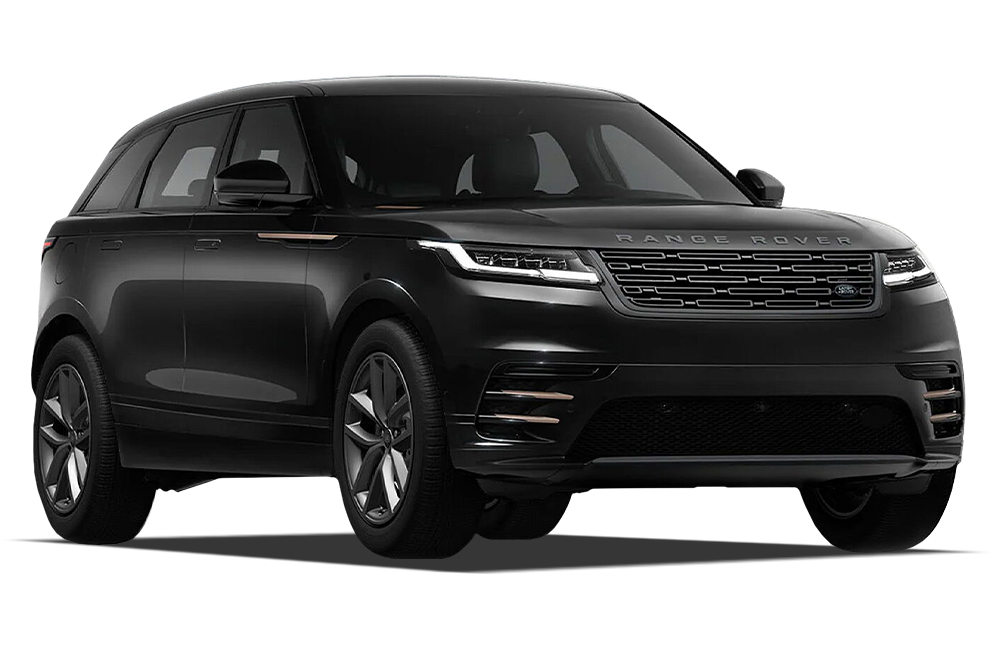 front three-quarter view of a Santorini Black Land Rover Range Rover Velar