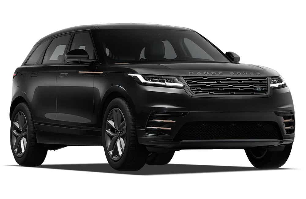 front three-quarter view of a Santorini Black Land Rover Range Rover Velar