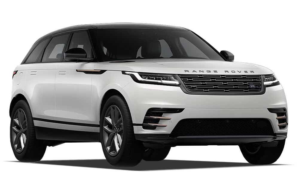 Front three-quarter view of a Fuji White Land Rover Range Rover Velar