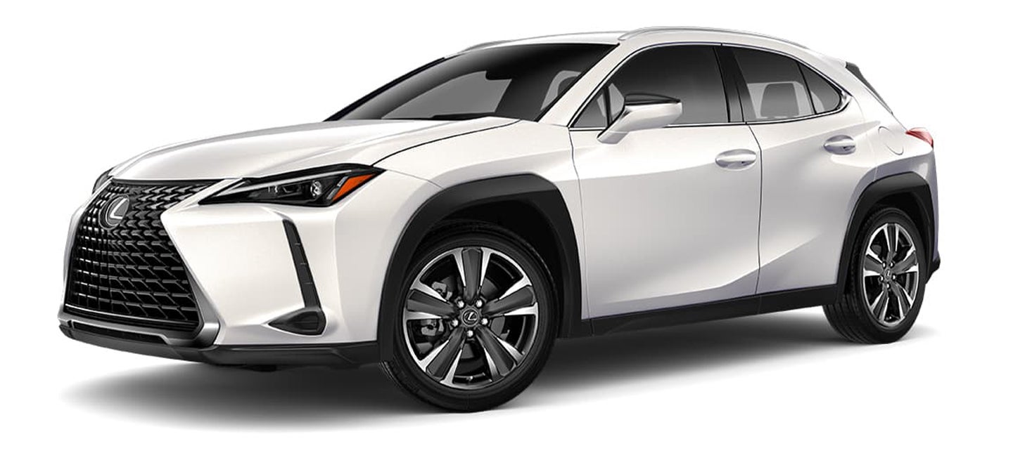 front three-quarter view of a Eminent White Pearl Lexus UX