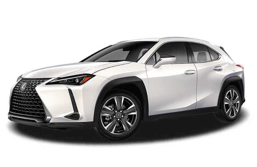 front three-quarter view of a Eminent White Pearl Lexus UX