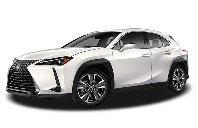 front three-quarter view of a Eminent White Pearl Lexus UX