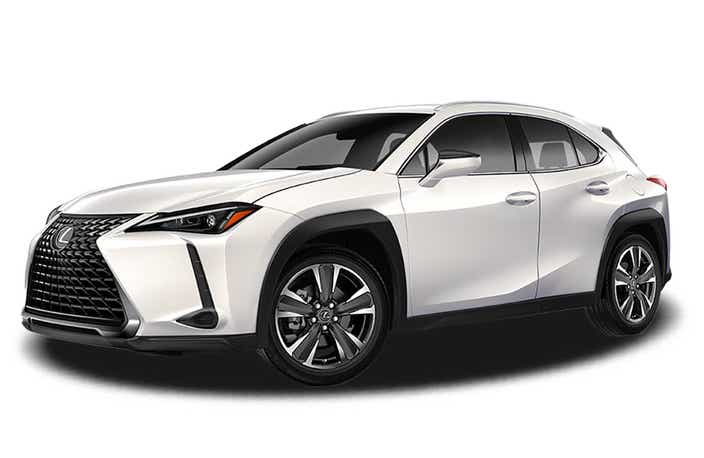 front three-quarter view of a Eminent White Pearl Lexus UX