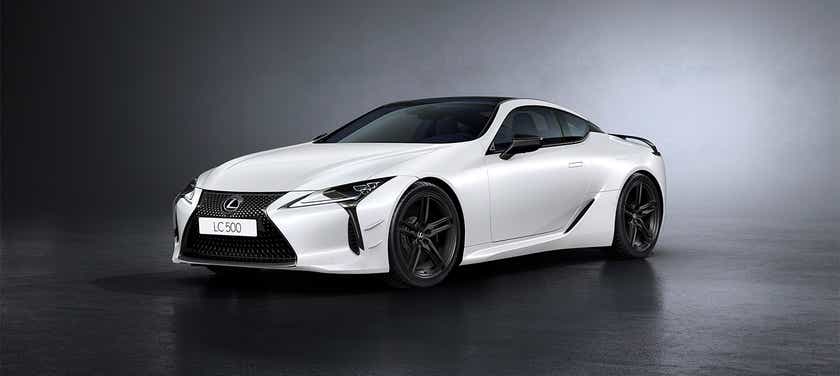 front three-quarter view of a White Nova Glass Flake Lexus LC 500h