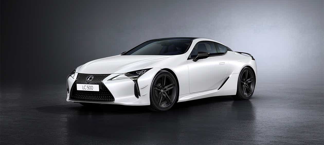 front three-quarter view of a White Nova Glass Flake Lexus LC 500h