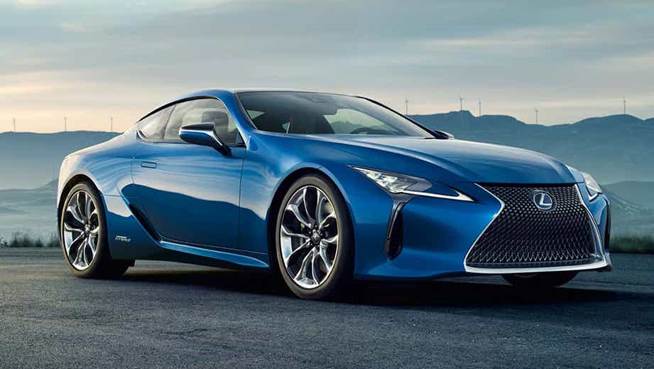 front three-quarter view of a Deep Blue Mica Lexus LC 500h