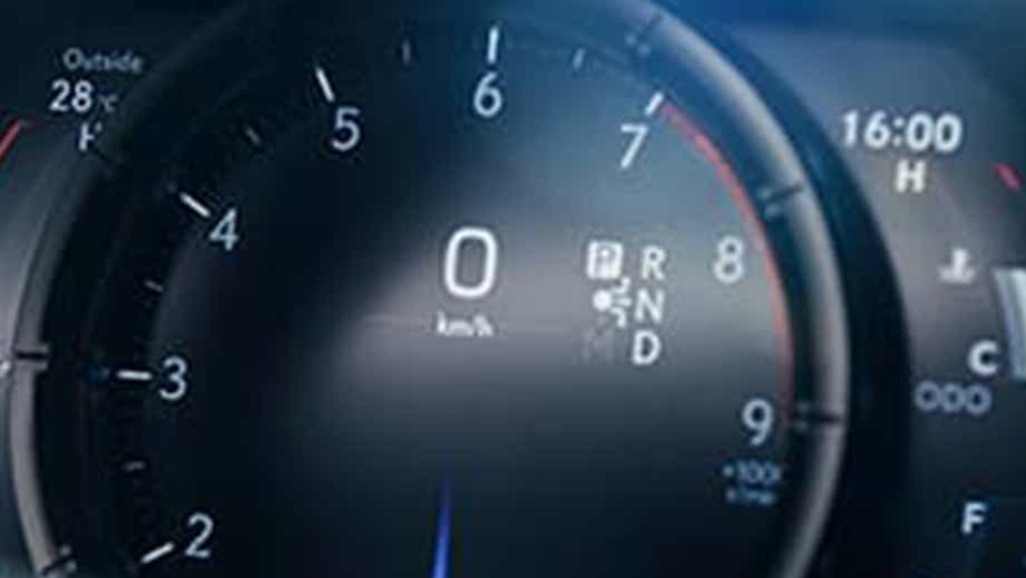 Close-up of speedometer and instrument cluster of a Lexus LC 500h