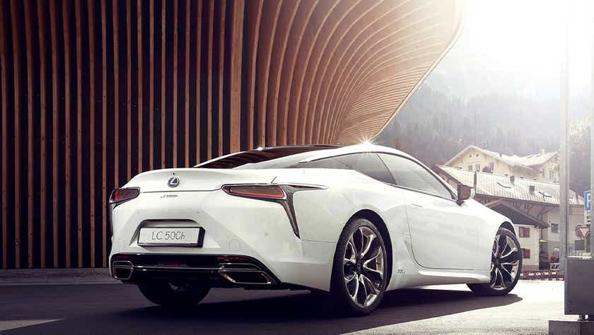 rear three-quarter of a White Nova Glass Flake Lexus LC 500h