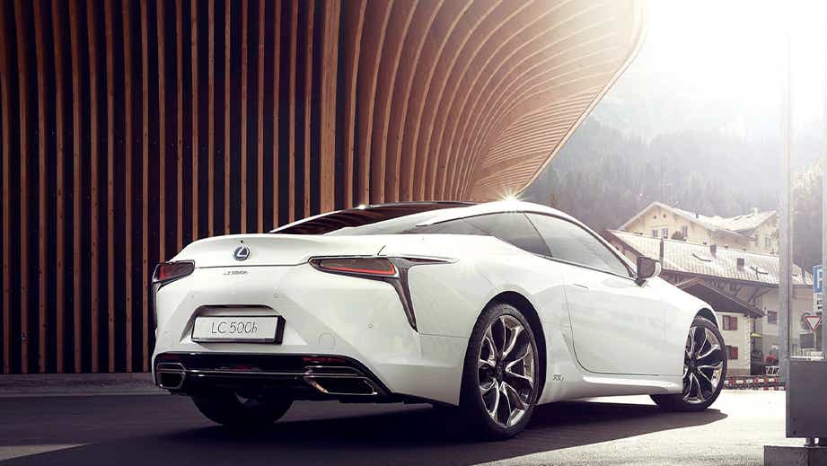 rear three-quarter of a White Nova Glass Flake Lexus LC 500h