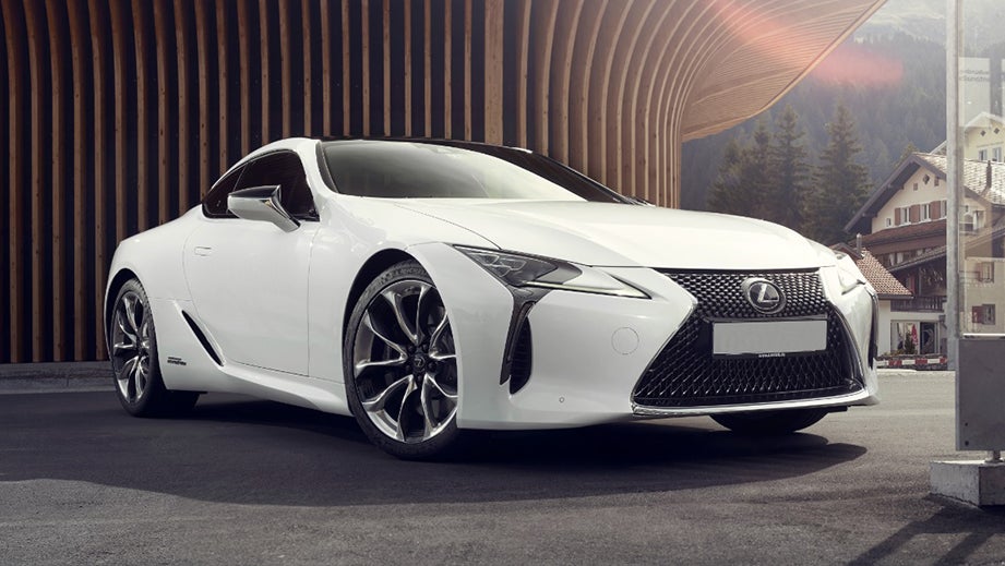 front three-quarter view of a White Nova Glass Flake Lexus LC 500h
