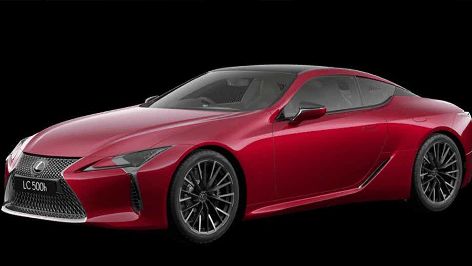 front three-quarter view of a Radiant Red Contrast Layering Lexus LC 500h