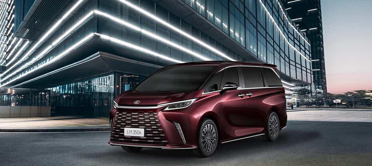 Front three-quarter view of a Sonic Agate Lexus LM