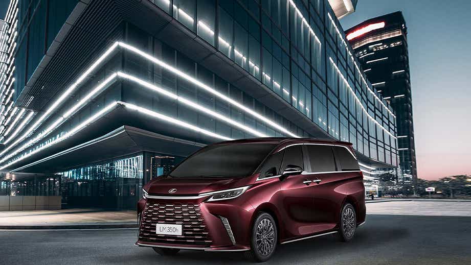 Front three-quarter view of a Sonic Agate Lexus LM