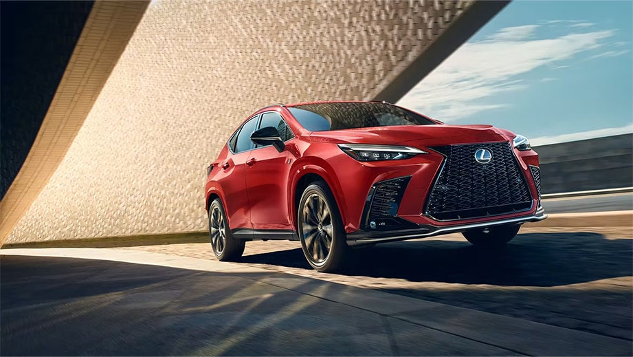 Front three-quarter view of a Blazing Carnelian Lexus NX