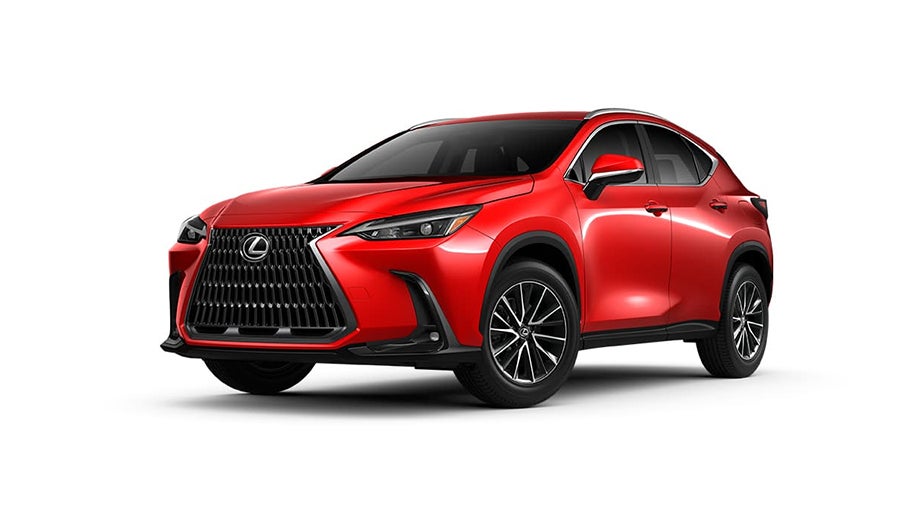 Front three-quarter view of a Blazing Carnelian Lexus NX