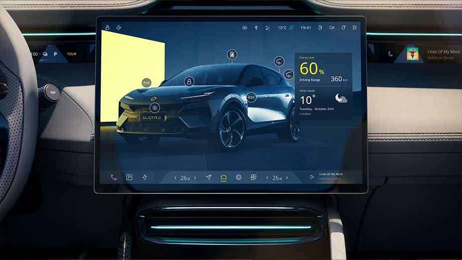 Central touchscreen display of a Lotus Eletre showing vehicle status and infotainment controls