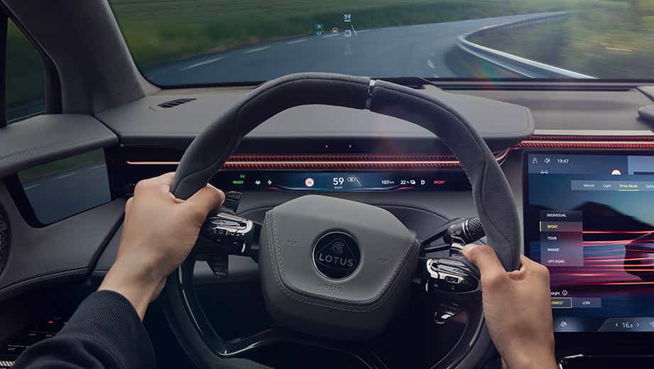 Interior dashboard and steering view of a Lotus Eletre